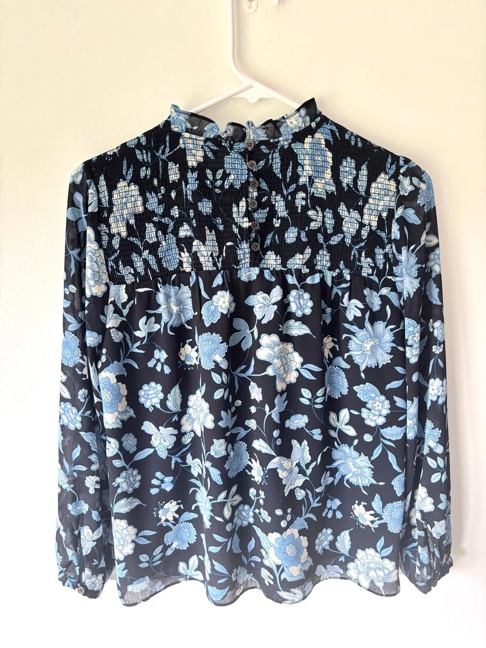 J.Crew Ruffle Neck Chiffon Top Midnight Blue Black Floral Pattern Smocked Ruffle